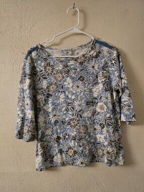 Columbia Short-Sleeve Floral Crewneck Top in Blue and Brown